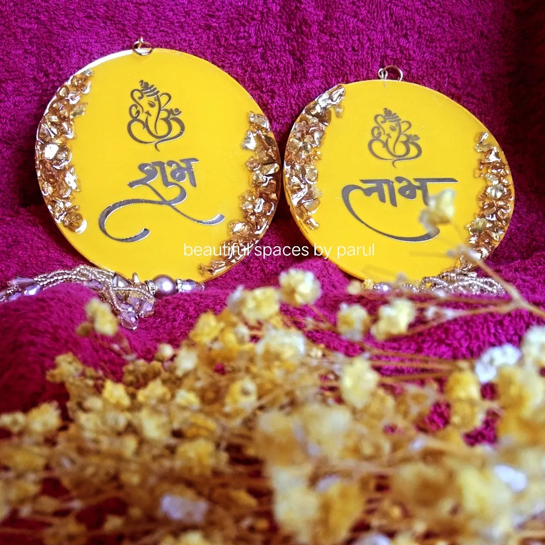 Resin Yellow Shubh Labh with Golden Stones, Pair of 2 - Resin Shubh Labh