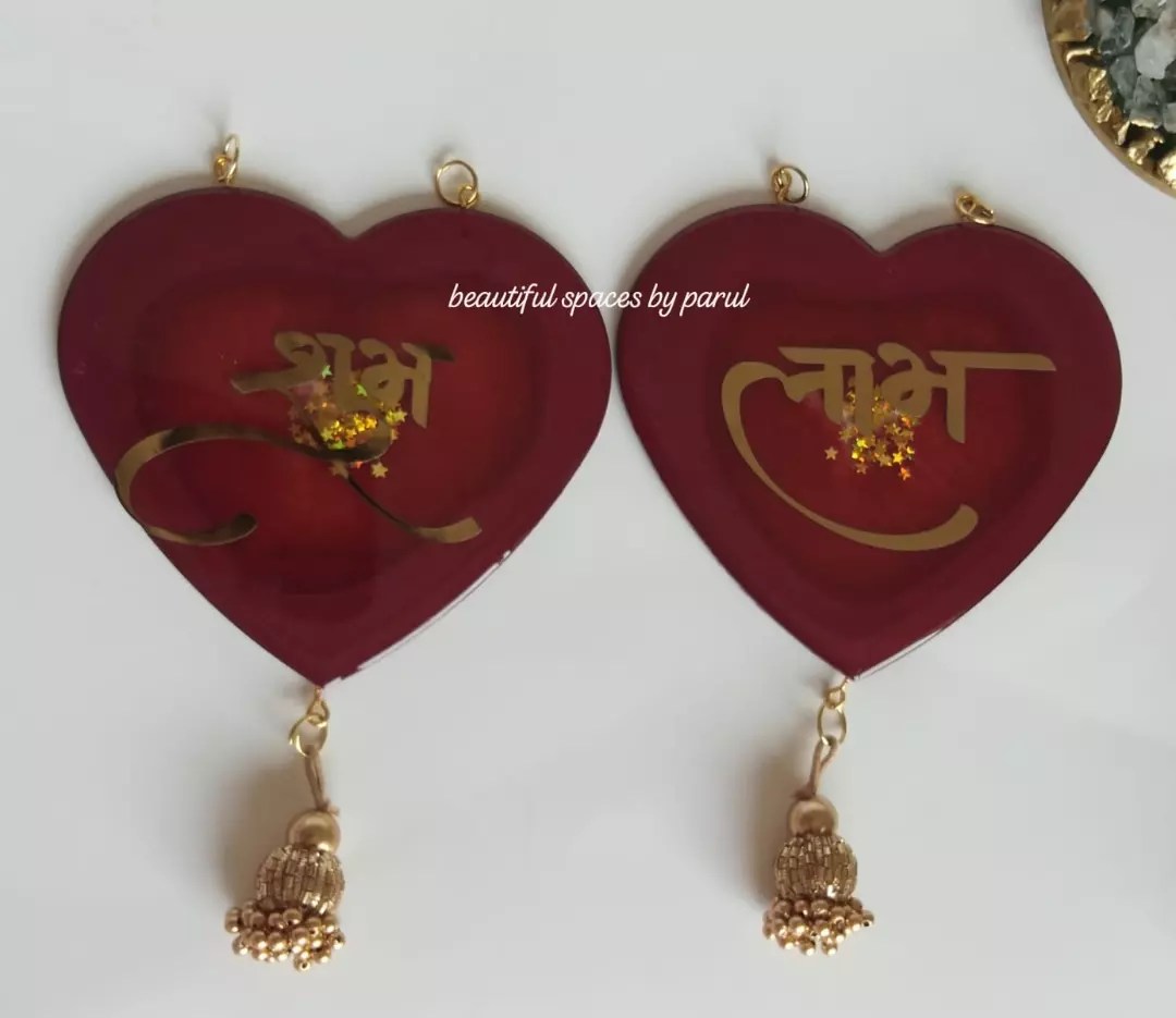 Resin Heart Shubh Labh Hanging, Pair of  2 - Resin Shubh Labh