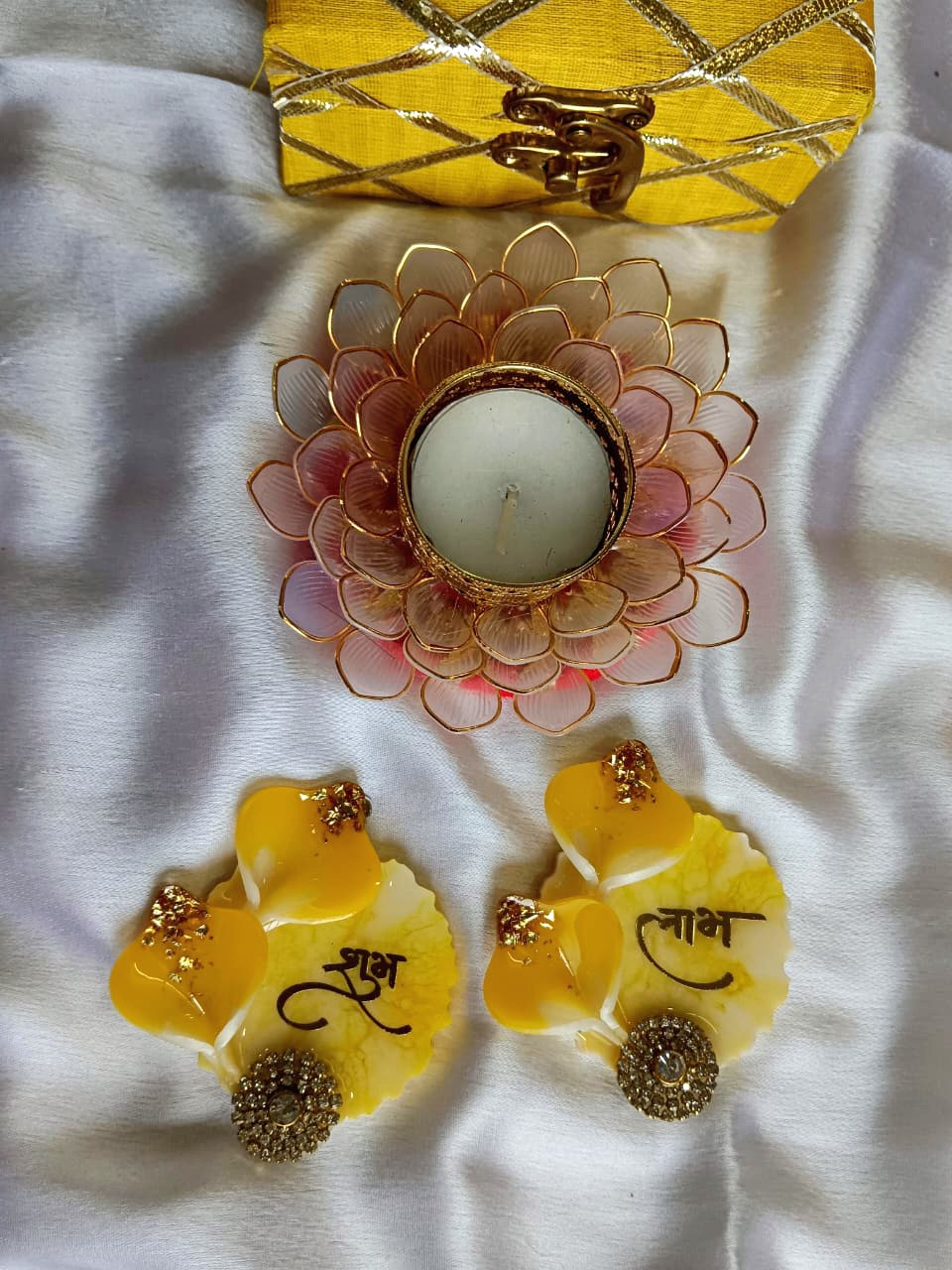 Festive Hampers - Shubh Labh with Lotus T-light Candle Holder  - Gift Hamper 