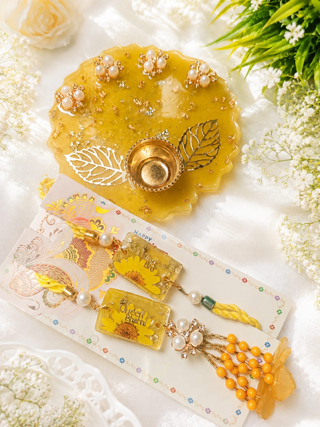 Luxury Yellow Resin Tilak Platter with Couple Rakhi Set - Mini Hamper 