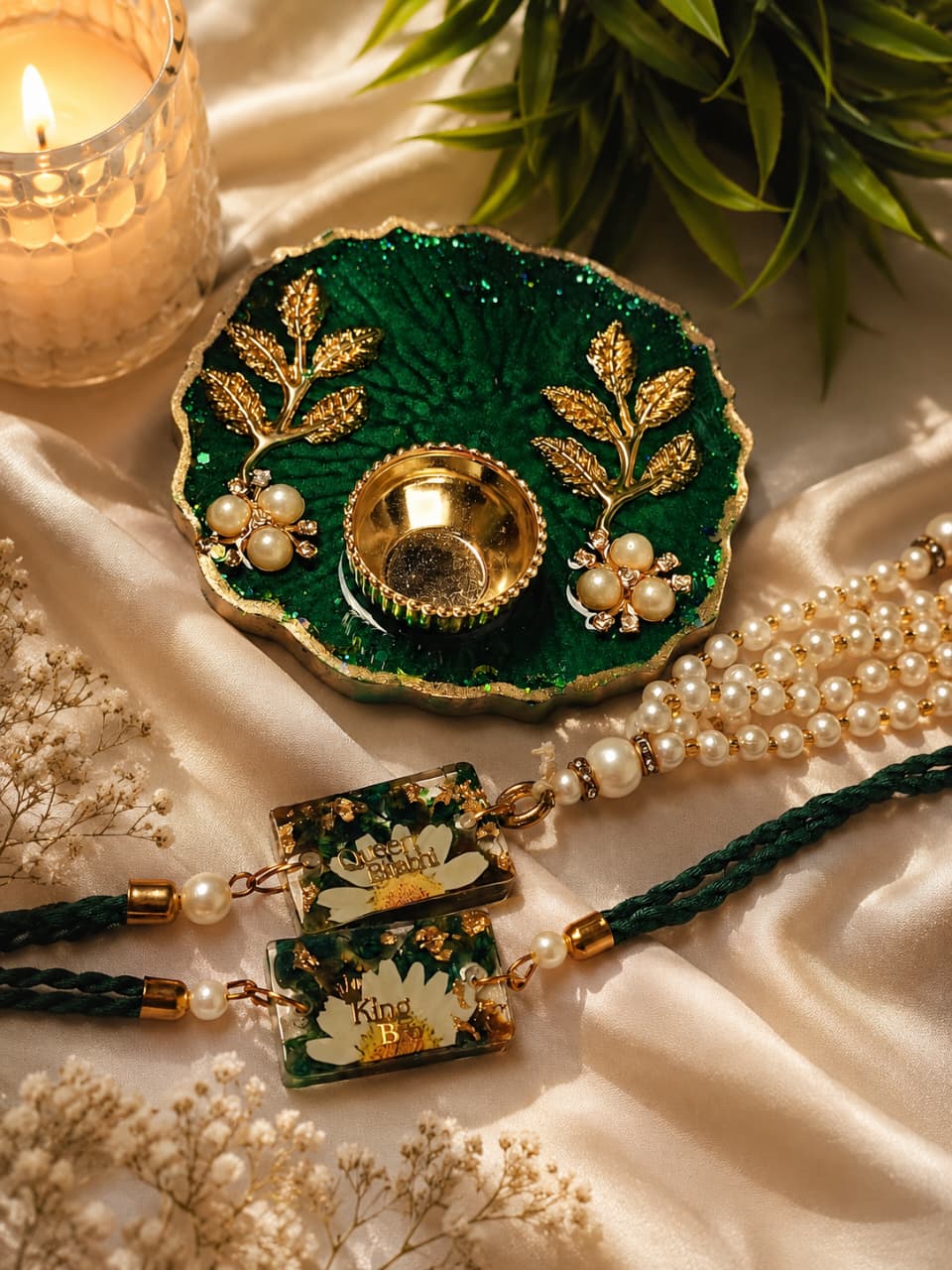 Elegant Green Tilak Platter with Couple Rakhi  - Mini Hamper 