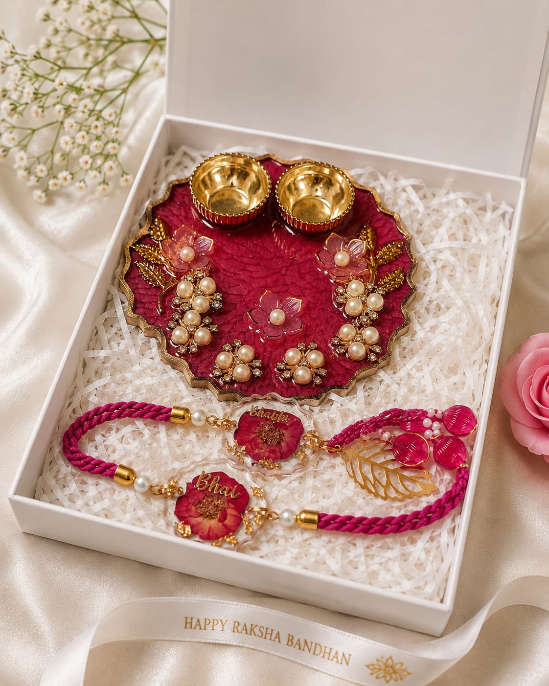 Luxury Floral Couple Rakhi Pair with Tilak Platter  - luxury Hamper
