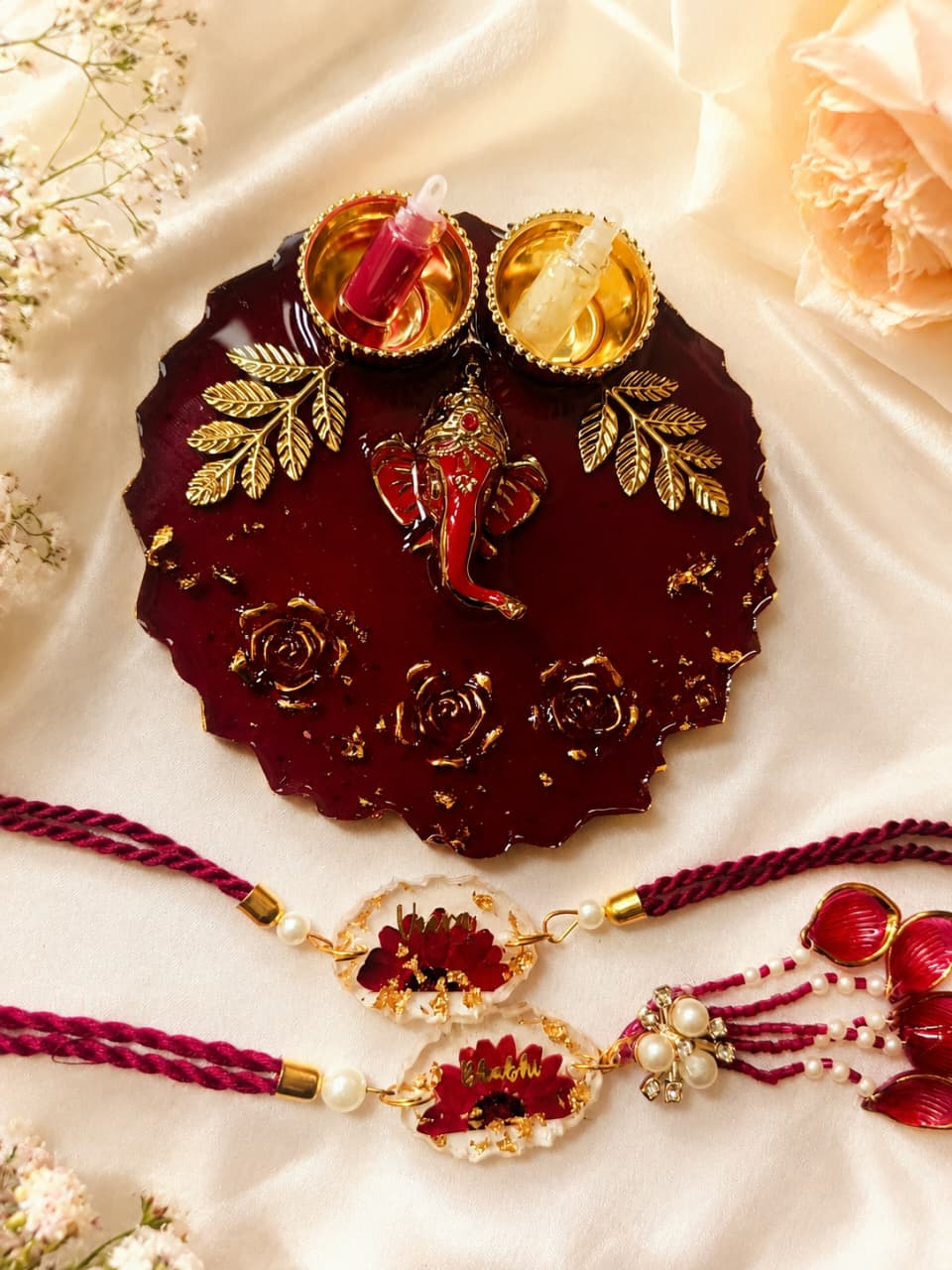 Exclusive Floral Couple Rakhi Pair with Tilak Platter  - Mini Hamper 