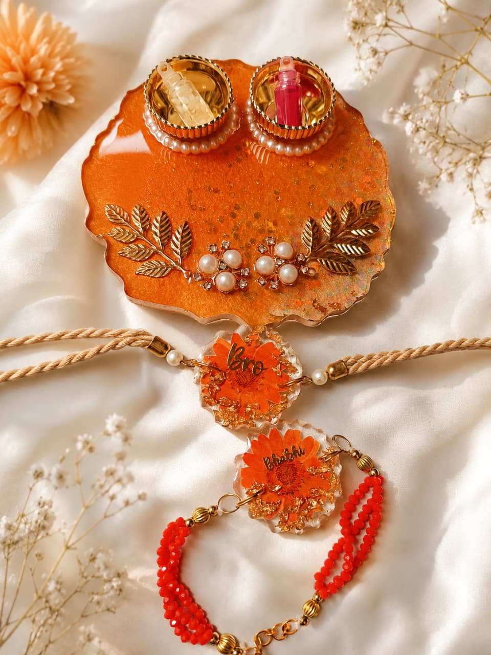 Exclusive Floral Rakhi Pair with Tilak Platter  - Mini Hamper 