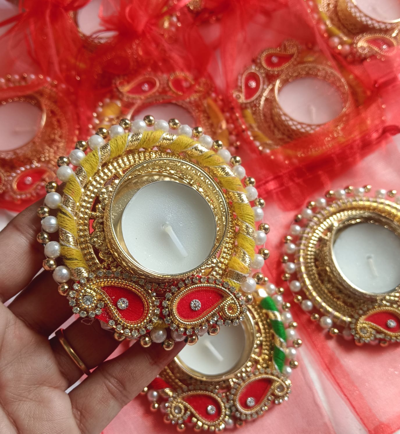 Traditional Red & Yellow T-Light Candle Holder | Festive Diya Décor & Gift Hamper - PACK OF 10 - T-Light Candle Holder