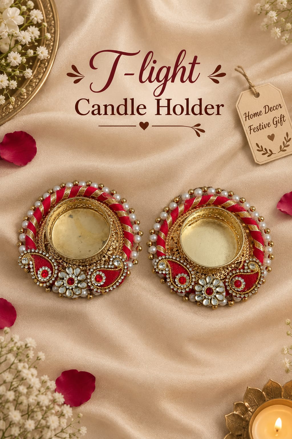 Handmade Red T-Light Candle Holder - Pair of 2 | Festive Home Décor & Gift - T-Light Candle Holder