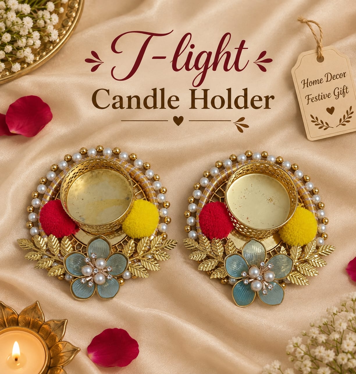 Handmade Golden Blue T-Light Candle Holder - Pair of 2 | Festive Home Décor & Gift - T-Light Candle Holder