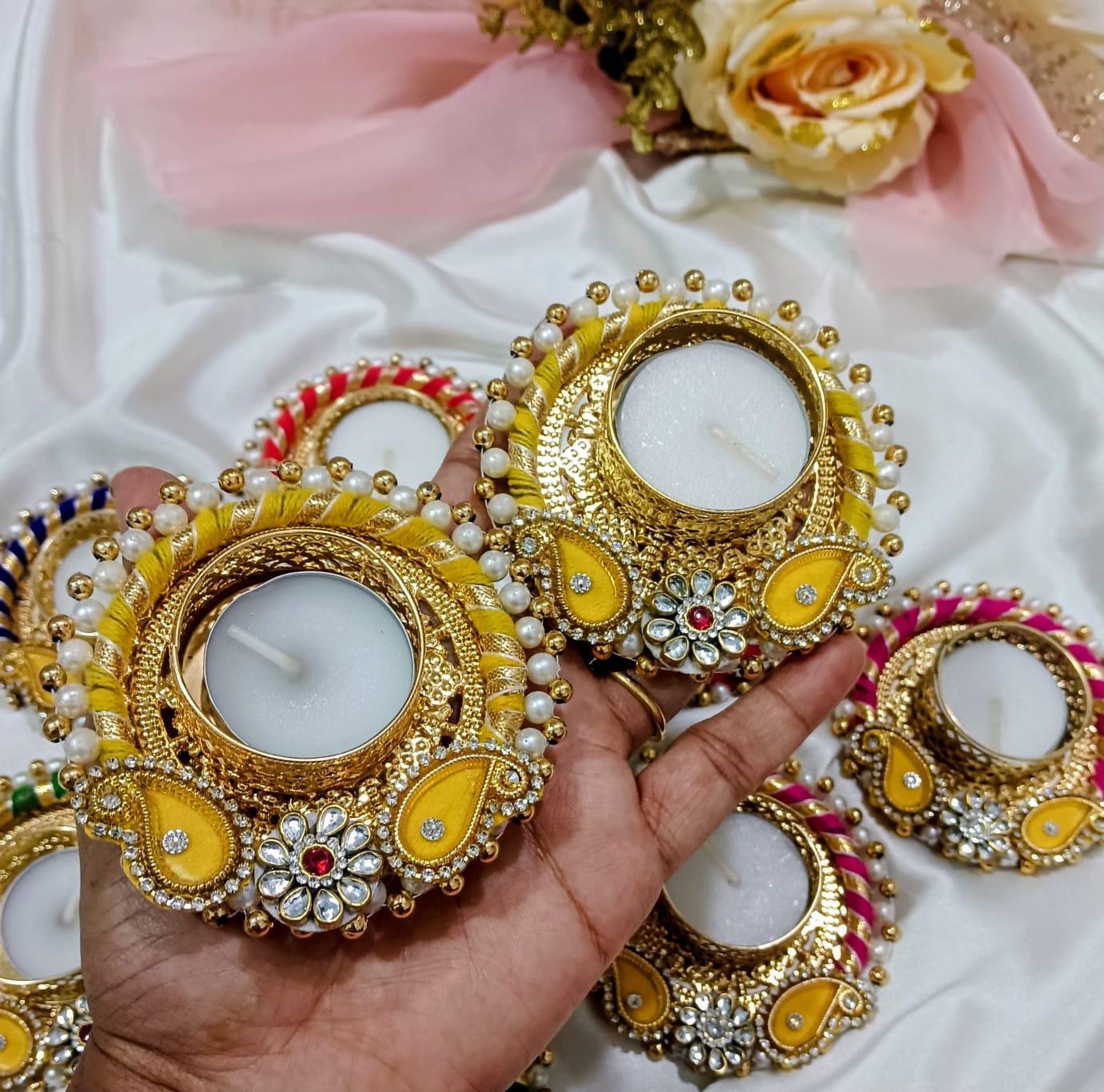 Embellished Yellow T-Light Candle Holder - Pair of 2  | Festive Home Décor - T-Light Candle Holder